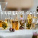Multiple botles with natural plants, essential oil blend, massage oil, botanical oil