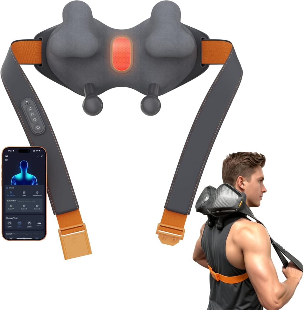 Smart Heated Shiatsu Neck Shoulder Back Massager, App-enabled, 8 Extra-Wide Bionic Heads, 4D Deep Tissue Kneading, Customizable Mode, 240 Mins Battery Life for Pain Relief Fitness Sporting Women, Men