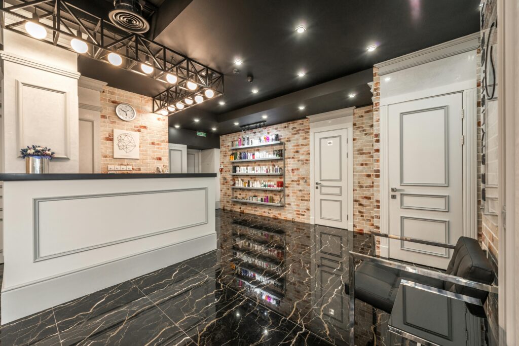 Spa reception, white , black and earth tones colors