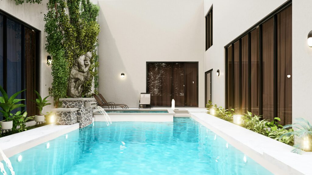 summer hydration rituals, pool and clear water with chairs around 