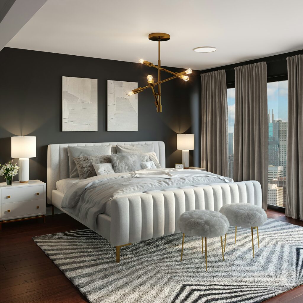 Bedroom, grey color and soft lights
