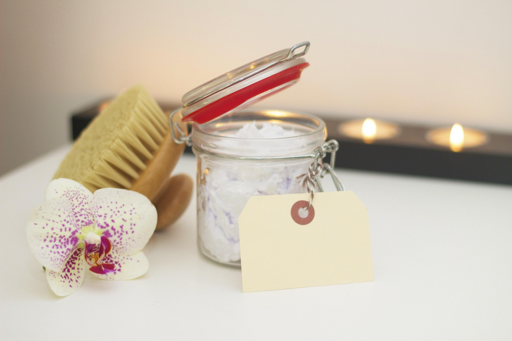 Massage therapy set up, bamboo brush and scrub